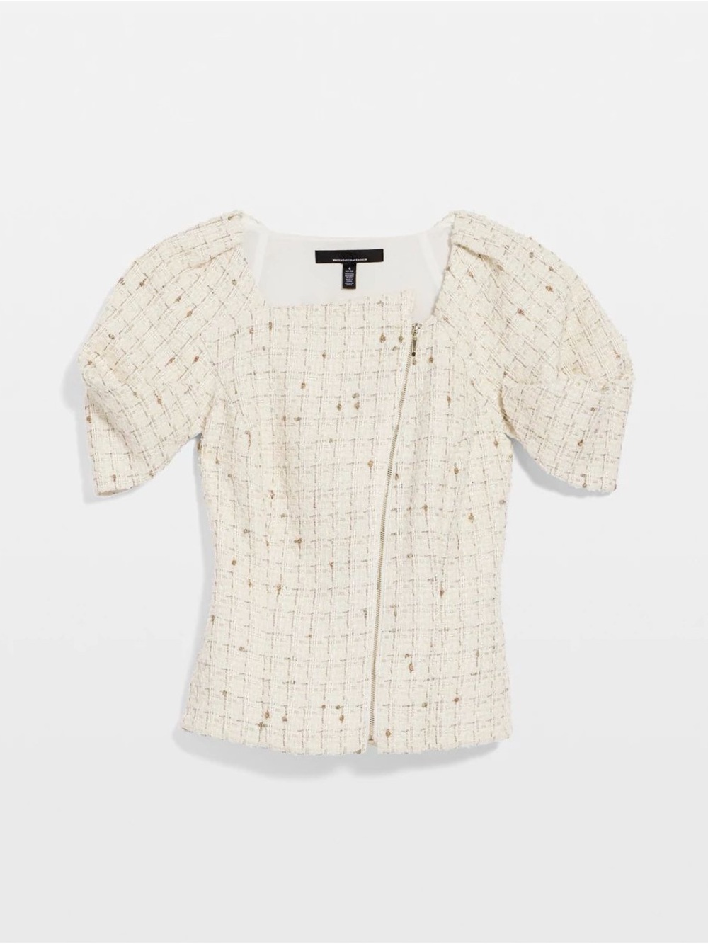 White House Black Market  Tweed Puff-Sleeve Zip Front Top size 8 NWT